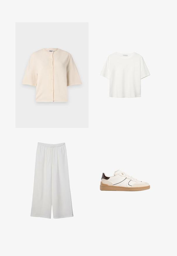 Bež kratki kardigan s kratkimi rokavi, izdelan iz mehkega blaga, z okroglo ovratnico in gumbom spredaj, z sproščenim krojem.; Bela kratka majica s kratkimi rokavi iz bombaža. Ima okroglo izrezovanje in sproščen kroj. Gladka tekstura brez vidnih vzorcev ali poudarkov.; Bele široke hlače iz lahkega materiala, ki imajo elastičen pas in vrvico za prilagajanje. Gladka tekstura.; Stradivarius Športni copati - white