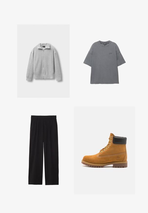 Svetlo siva pletena zip-svetra z dolgimi rokavi in stoječim ovratnikom, razporejena na beli podlagi.; Siva majica s kratkimi rokavi in okroglim izrezom, izdelana iz bombaža, z diskretnim izvezenim logotipom na prsih. Mehka tekstura.; Črne široke hlače z nabranim sprednjim delom, stranskimi žepi in gladko teksturo tkanine. Oblikovane za sproščen kroj.; Svetlo rjave anklne čizme iz semiša z črnim oblazinjenim ovratnikom, zlatimi kovinskimi očesci, belimi šivi in robustnim gumijastim podplatom s izrazitimi tredi.