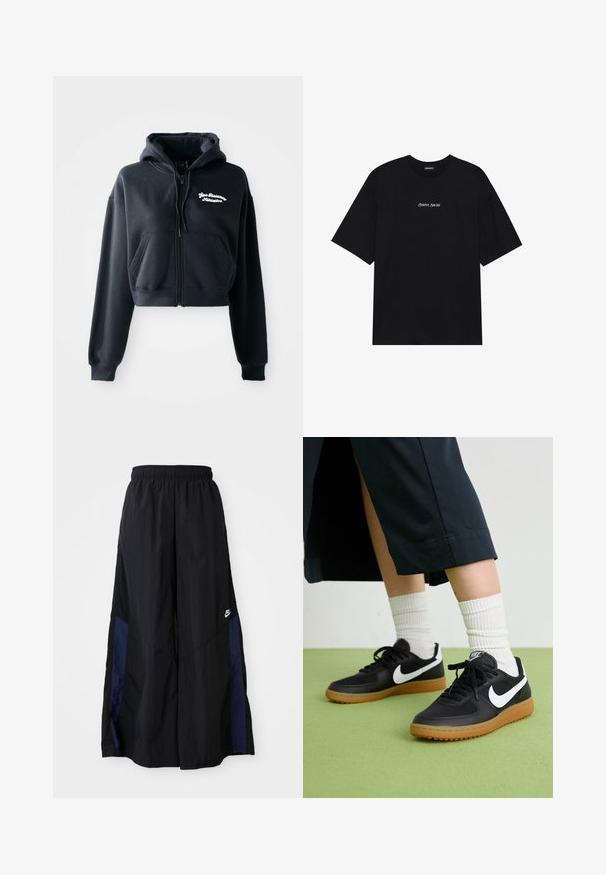 Čierna kratká mikina vyrobená z mäkkého materiálu, s predným zipsom, dvoma prednými vreckami a bielym vyšívaným textom na ľavej hrudi.; Čierne bavlnené tričko s voľným strihom. Má krátke rukávy a zaoblený výstrih. Na prednej strane je bielo umiestnený text "Pozitívne úprimne".; Čierne voľné nohavice vyrobené z ľahkého materiálu, s námorníckym modrým postranným panelom a elastickým pásom. Malé biele logo na spodnej časti.; Čierne kožené a syntetické tenisky so bielym logom Nike, gumenou podrážkou, okrúhlou špičkou a čiernymi šnúrkami. Viditeľné biele pruhované ponožky.
