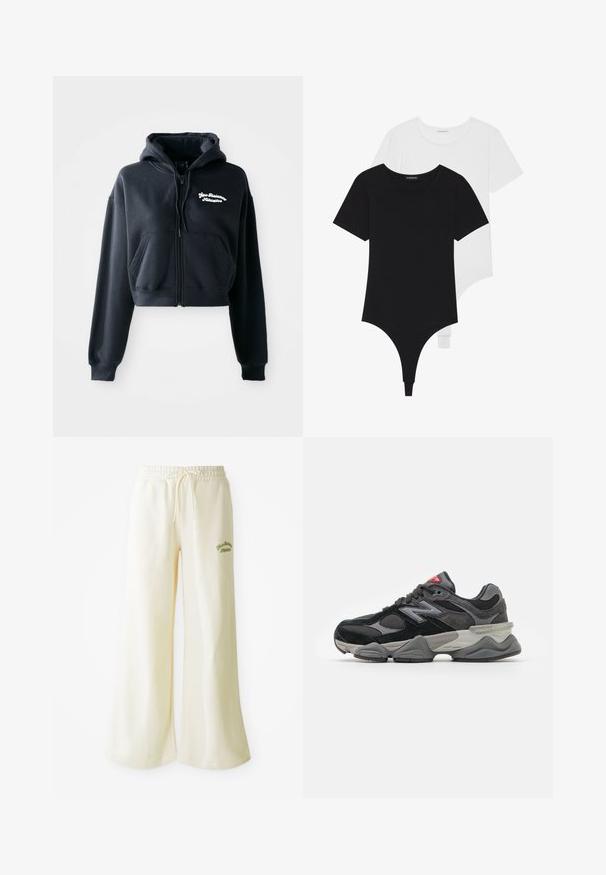Hoodie cropped nero realizzato in tessuto morbido, con zip frontale, due tasche frontali e testo ricamato bianco sul petto sinistro.; Body aderenti dalla manica corta in bianco e nero con scolli rotondi e fondo a perizoma, realizzati in un tessuto liscio e elastico.; Pantaloni da ginnastica larghi color crema con cintura elastica e coulisse regolabile. Testo "Athletic" ricamato in verde sul davanti. Tessuto morbido.; Sneaker nera e grigia con un mix di materiali in suede e mesh, suola spessa, logo prominente e accento rosso sulla linguetta.