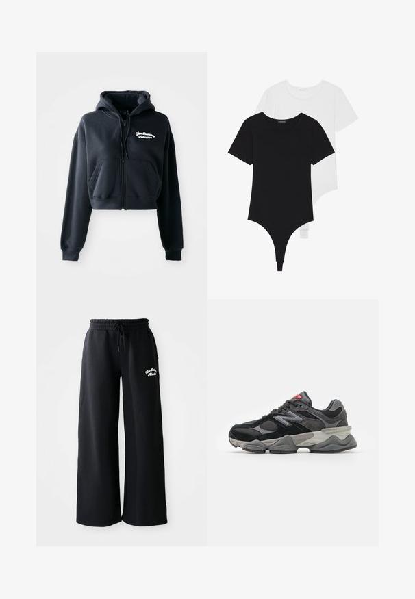 Μαύρο κοντό hoodie φτιαγμένο από μαλακό ύφασμα, με κλείσιμο με φερμουάρ μπροστά, δύο μπροστινές τσέπες και λευκό κεντητό κείμενο στην αριστερή πλευρά του στήθους.; Μαύρα και λευκά κοντομάνικα κορμάκια με στρογγυλές λαιμοκοψές και σλιπ πίσω, φτιαγμένα από απαλή και ελαστική ύφανση.; Μαύρο φαρδύ παντελόνι φόρμας με κορδόνι στη μέση. Περιλαμβάνει κεντημένο κείμενο στην αριστερή πλευρά, κατασκευασμένο από απαλό υλικό βαμβακερού μείγματος.; Μαύρο και γκρι αθλητικό παπούτσι με συνδυασμό σουέτ και mesh υλικών, παχύ πάτο, εξέχον λογότυπο και κόκκινη λεπτομέρεια στη γλώσσα.