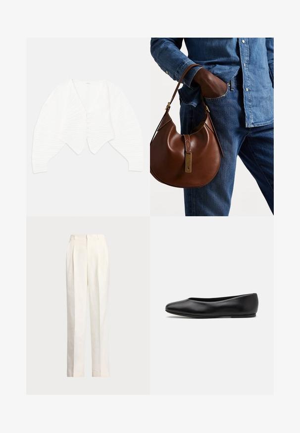 White cropped cardigan made of ribbed fabric, featuring a deep V-neckline, button front closure, and puffed sleeves with textured detailing.; Short-sleeve polo top in cream with black stripes. Features a button placket, knitted texture, and openwork design for ventilation.; Polo Ralph Lauren HEMP WIDE LEG PANT - Trousers - nevis; Paul Smith TOPANGA - Ballet pumps - black; Brown leather hobo bag with a rounded shape, featuring a gold hardware accent and contrast stitching. Paired with a denim shirt and jeans.