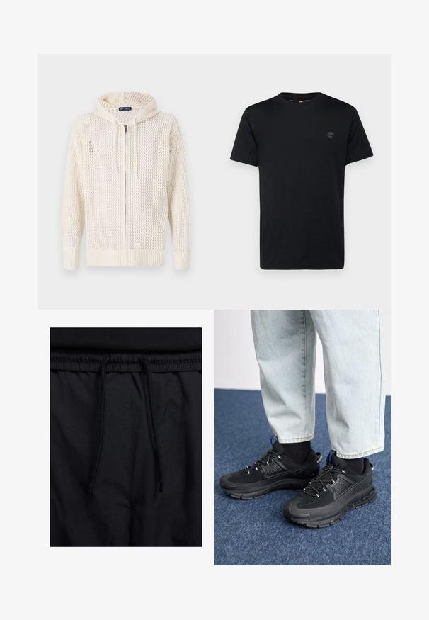 Hoodie lavorato a maglia crema chiara con zip, caratterizzato da un motivo a rete aperta, polsini e orlo a coste, e cordini regolabili per il cappuccio.; T-shirt in cotone nero con collo a giro, maniche corte e un piccolo logo ricamato sul petto. Texture liscia, vestibilità classica.; Shorts neri con vita regolabile tramite coulisse, tessuto leggero con una texture liscia e un design semplice senza loghi o motivi visibili.; Scarpe sportive nere con tessuto testurizzato e suole in gomma, dotate di lacci elastici e un accento blu sul tallone. Indossate con pantaloni in denim chiaro.