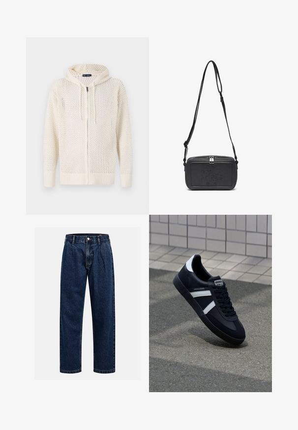 Lys kremfarget strikket hettegenser med glidelås, som har et åpen nettmønster, ribbestrikkede mansjetter og kant, samt justerbare snorene til hetten.; Kremfarget bomulls T-skjorte med korte ermer og rund hals. Har et grafisk trykk i blått og rødt med tekst og et motiv.; Mørkeblå denimjeans med rett ben-design. Har synlige sømmer, knappestengning og frontfolder for ekstra detaljer.; Sorte lærersneaker med hvite striper, teksturert gummihæl og snøring foran. Har et merketikett på tungen.; Svart skinn crossover-veske med glidelås, preget logo på fronten og justerbar stropp. Glatt tekstur med rektangulær form.