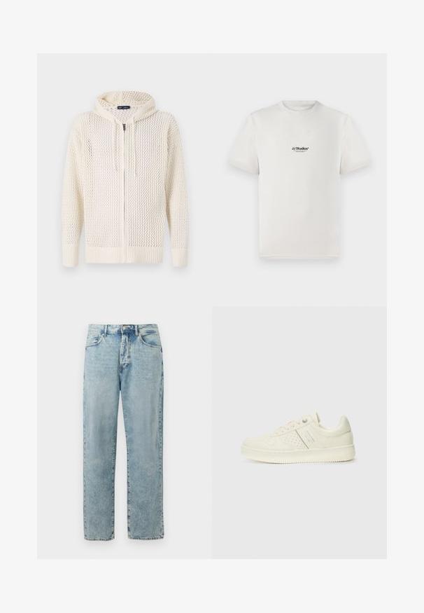 Hoodie ligeiramente creme, tricotado, com fecho de correr, apresentando um padrão de malha aberta, punhos e barra canelados, e cordões ajustáveis para o capuz.; T-shirt de algodão branca com mangas curtas, apresentando um logótipo preto "JJ Studios" no peito. Design de gola redonda e ajuste padrão.; Jeans de ganga de perna reta em azul claro com fecho de botão e zip, bolsos frontais e detalhes ligeiramente desbotados.; Sapatilha de cor creme com detalhes perfurados, atacadores e logotipo na lateral, apresentada contra um fundo branco liso.