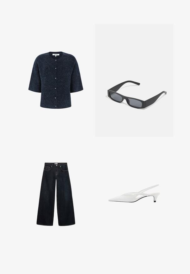 Námornícky modrý kardigán s krátkymi rukávmi, vyrobený z textilného, mäkkého materiálu. Má okrúhly výstrih a perlové gombíky po celej prednej strane.; Čierne bavlnené tričko s krátkymi rukávmi, okrúhlym výstrihom a voľným strihom. Hladká textúra bez viditeľných vzorov alebo ozdôb.; Široké tmavé denimové džínsy s vysokým pásom, s kontrastným prešívaním, prednými vreckami a minimalistickým dizajnom.; Biele slingback podpätky s špicatou špičkou, s hladkým zvrškom, jemnými výrezmi a nízkym blokovým podpätkom. Čierna podrážka zvýrazňuje dizajn.; Čierne obdĺžnikové slnečné okuliare s tmavými sklami a hrubými matnými rámami. Ramena sú mierne zúžené s hladkým povrchom.