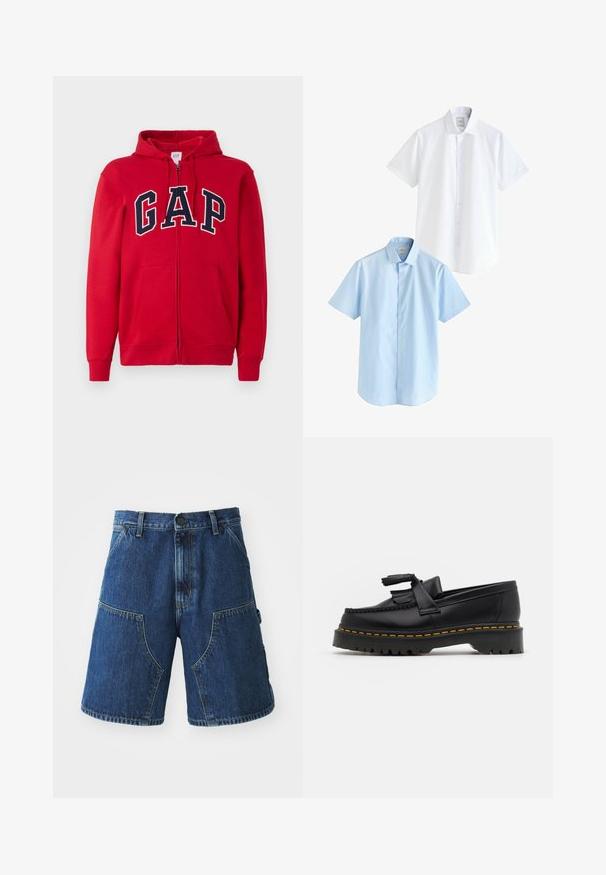 Piros cipzáros kapucnis felső, amely pamutból készült, a mellkasán egy kiemelkedő sötétkék "GAP" logóval, kapucnival és elülső zsebekkel.; Két rövid ujjú ing: az egyik fehér, a másik világoskék. Mindkettő gombos előlappal, galléros nyakkivágással, sima pamut anyagból készült, és szabványos szabású.; Sötét kék mosású farmer rövidnadrág, nagy elülső zsebekkel, gombos záródással és látható varrásokkal a varratok mentén.; Fekete bőr mokaszin, rojtos díszítéssel, masszív fekete talppal és sárga varrással az élén. Texturált felület.