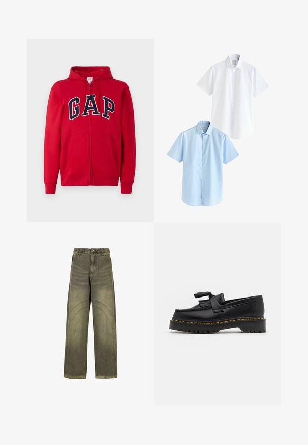 Felpa rossa con zip, realizzata in cotone, con un prominente logo navy "GAP" sul petto, cappuccio e tasche frontali.; Due camicie a manica corta: una bianca e una azzurro chiaro. Entrambe presentano un'apertura con bottoni, colletto, tessuto di cotone liscio e vestibilità standard.; Jeans a gamba larga in denim verde oliva, con dettagli di cuciture curve, chiusura con bottone classico e finitura scolorita.; Mocassino in pelle nera con un'accento a frange, dotato di una suola nera spessa e cuciture gialle lungo il bordo. Finitura testurizzata.