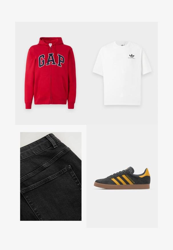 Rdeča zip-up kapuca iz bombaža, z izstopajočim mornarsko modrim logotipom "GAP" čez prsi, kapuco in sprednjima žepoma.; Bela bombažna majica s kratkimi rokavi, ki na sprednji strani vsebuje črn logotip "BASKETBALL" in ikoničen dizajn treh črt.; Črne jeans hlače iz denima z gladko teksturo, ki imajo zadnji žep in ojačan pas. Tkanina prikazuje subtilne barvne različice.; Črne semiš tene z rumenimi akcenti, ki vsebujejo tri trakove in rjavo gumo podplat. Vključujejo oblazinjeno jezik za udobje.