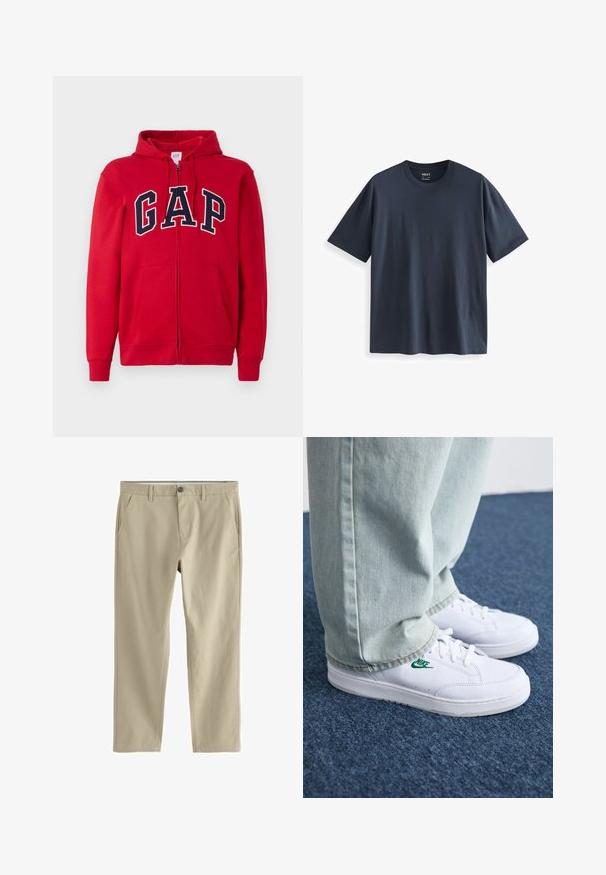 Raudona zip-up tipo gobtuvė, pagaminta iš medvilnės, su ryškiu tamsiai mėlynu "GAP" logotipu per krūtinę, turi gobtuvą ir priekines kišenes.; Tamsiai mėlynas medvilnės marškinėliai su apvalia apykakle, trumpomis rankovėmis ir laisvu kirpimu. Lygi tekstūra be matomų raštų ar akcentų.; Smėlio spalvos tiesios kelnės su diržo kilpelėmis, dviem šoninėmis kišenėmis, priekyje užsegamos mygtuku ir užtrauktuku.; Balti odiniai sportbačiai su žaliu Nike logotipu, apvalia nosimi, plokščiu padu, derinami su šviesiai mėlynomis džinsinėmis kelnėmis, rodomi ant mėlynos kiliminės dangos.