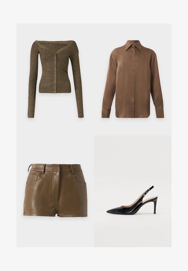 Kardigan z długim rękawem, odsłaniający ramiona, w metalicznej oliwkowej dzianinie, z zapięciem na guziki i prążkowanym wzorem. Dopasowany krój z delikatnym blaskiem.; Brązowa, długosleeve koszula z guzikami, z ostrym kołnierzykiem i mankietami, prezentowana na jednolitym białym tle.; Brązowe szorty z faux skóry o dopasowanym kroju, z paskiem z pętelkami, przednimi kieszeniami oraz widocznymi detalami przeszyć.; Czarne lakierowane szpilki typu slingback z szpiczastym noskiem, smukłym obcasem i subtelnym wycięciem. Posiadają złotą klamrę na pasku.