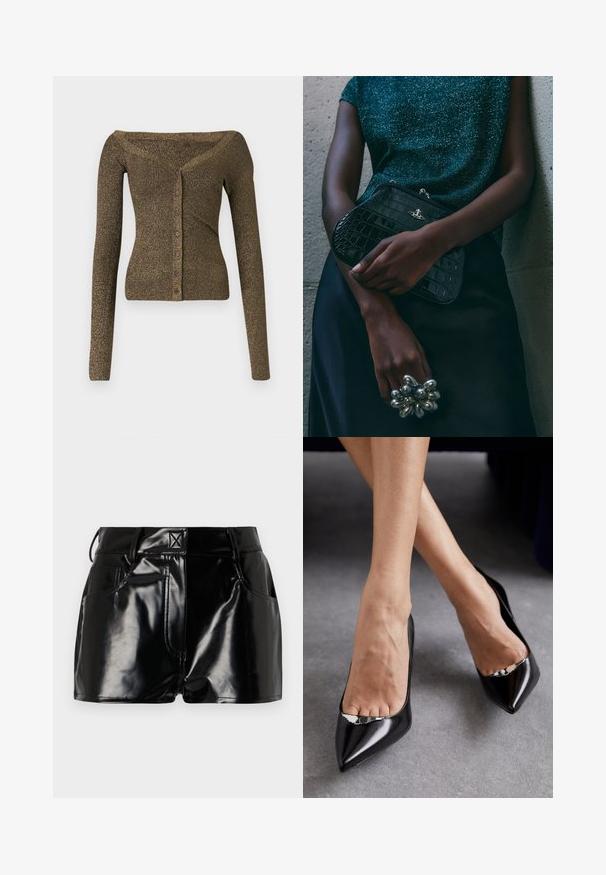 Cardigan lungo a spalle scoperte con maniche lunghe in maglia verde oliva metallico, dotato di chiusura a bottoni e texture a costine. Vestibilità slim con un leggero luccichio.; Canottiera grigia a coste con design aderente, ampie aperture per le braccia e scollatura arrotondata. Realizzata in morbido tessuto di cotone con una texture liscia.; Shorts neri e lucidi realizzati in materiale sintetico. Presentano una vita aderente, passanti per la cintura e tasche frontali con evidenti dettagli di cucitura.; Scarpe nere in pelle con tacco alto, punta affilata e design aperto, caratterizzate da un accento decorativo in argento. Texture liscia con finitura lucida.; Clutch bag nera con motivo coccodrillo e hardware argentato, appoggiata su uno sfondo grigio texture. Presenta una superficie lucida.