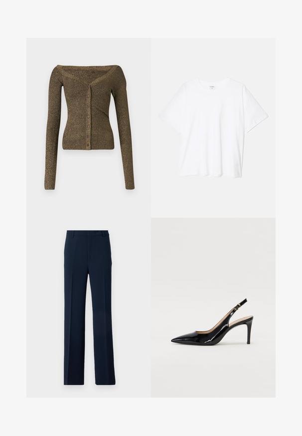Svetr s odhalenými rameny a dlouhými rukávy v metalické olivově zelené pletenině, s předním zapínáním na knoflíky a žebrovanou texturou. Úzký střih s jemným leskem.; Bílý bavlněný tričko s krátkým rukávem, kulatým výstřihem, volným střihem a šitým lemem. Nálepka viditelná na vnitřní straně výstřihu.; Námořnické modré kalhoty vyrobené z hladkého materiálu, s rovnými nohavicemi, předními záhyby a bočními kapsami pro upravený vzhled.; Černé lakované slingback lodičky s špičatou špičkou, úzkým podpatkem a jemným výřezem. Obsahují zlatou sponu na řemínku.