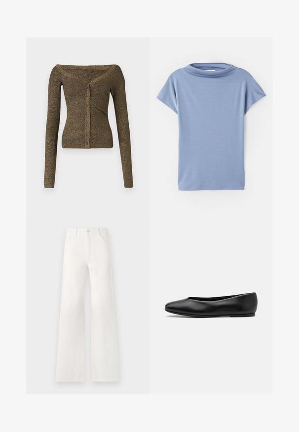 Off-shoulder, lange mouwen cardigan in metallic olijfgroen breiwerk, voorzien van een knoopsluiting en een geribbelde textuur. Slim fit met een subtiele glans.; Lichtblauw T-shirt met korte mouwen, gemaakt van zachte stof. Heeft een rondhalsontwerp en een losse pasvorm, met schone zomen en zonder patronen.; Witte, hoogwaist, wijde jeans van denim. Heeft een knoopsluiting, twee voorkruiszakken en zijnaadstiksel details.; Paul Smith TOPANGA - Ballerina's - black