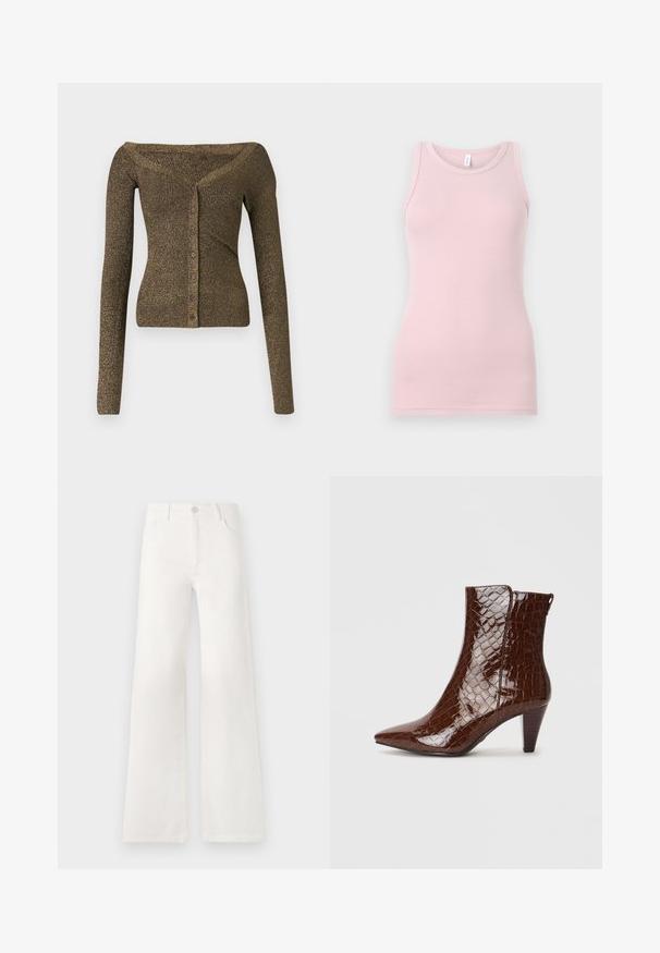 Off-shoulder, lange mouwen cardigan in metallic olijfgroen breiwerk, voorzien van een knoopsluiting en een geribbelde textuur. Slim fit met een subtiele glans.; Lichtroze tanktop gemaakt van zachte, rekbare stof. Heeft een ronde halslijn en smalle schouderbandjes, met een gladde textuur en een aansluitende pasvorm.; Witte, hoogwaist, wijde jeans van denim. Heeft een knoopsluiting, twee voorkruiszakken en zijnaadstiksel details.; Bruine nepleer enkellaars met krokodillenlook, met een puntige neus en een taps toelopende hak. Heeft een glanzende textuur en een rits aan de zijkant.