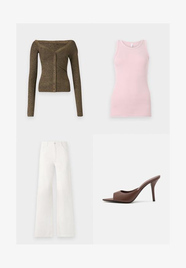 Cardigan de punto en verde oliva metálico, con mangas largas y caída por los hombros, que presenta un cierre de botones y una textura acanalada. Corte ajustado con un ligero brillo.; Top sin mangas de color rosa claro, hecho de una tela suave y elástica. Presenta un escote redondo y tirantes estrechos, con una textura suave y una forma ajustada.; Jeans blancos de tiro alto y pierna ancha, confeccionados en denim. Cuentan con un cierre de botón, dos bolsillos frontales y costuras con detalles en las costuras laterales.; Mules de tacón alto destalonados de cuero marrón con un diseño elegante, que cuentan con una amplia banda frontal y un tacón de aguja esbelto.