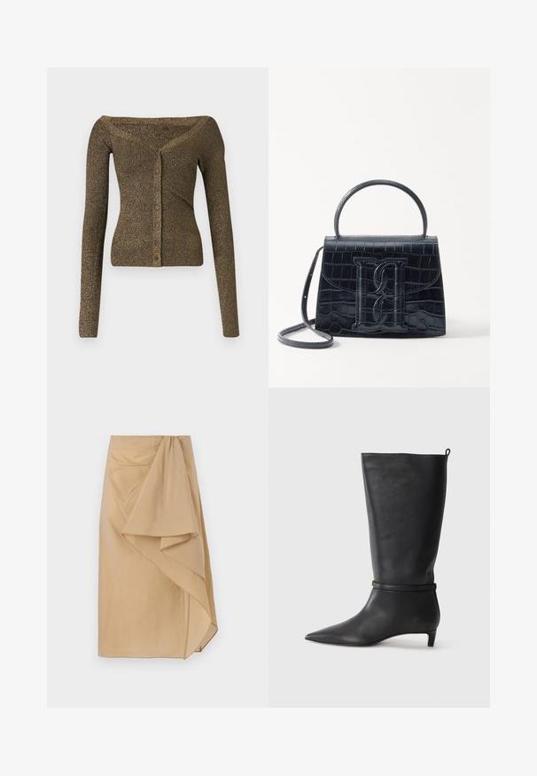 Off-Shoulder, langärmeliger Cardigan aus metallisch olivgrünem Strick, mit Knopfleiste und gerippter Textur. Schmale Passform mit subtiler Schimmer.; Schwarzes, geripptes Tanktop mit rundem Ausschnitt und besticktem Logo in Weiß. Der Stoff hat eine glatte Textur und eine körperbetonte Passform.; Beiger Wickelrock aus leichtem Stoff mit asymmetrischem Fall, ausgestattet mit einem gerafften Taillenbund und glatter Textur. Keine sichtbaren Verschlüsse.; Schwarze Lederkniehohe Stiefel mit spitzem Zehen, akzentuiert durch einen runden Riemen um das Knöchel und einen niedrigen, tapernden Absatz. Glatte Textur.; Schwarze Handtasche aus Krokodilprägung mit strukturiertem Design, Oberhandgriff, verstellbarem Tragegurt und einem auffälligen Logo-Detail auf der Vorderseite.