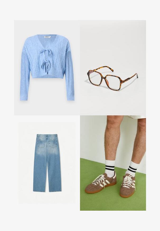 Lyseblå cropped sweater med kabel-strik mønster, V-udskæring og snorelukning foran. Ribbet manchetter og kant. Blød tekstur.; Hvid bomulds tanktop med en rundet halsudskæring, uden ærmer og en tætsiddende pasform. Glat tekstur, ensartet design og minimale syninger.; Lyseblå og hvid flannel skjorte med sort ternet mønster, der har to brystlommer og guldknapper, designet med en afslappet pasform.; Lysblå denimjeans med lige ben-design, som har to baglommer og en falmet tekstur i de øverste sektioner.; Brune ruskind sneakers med hvide detaljer og snørebånd. Gummisål i naturgummi. Båret med hvide sokker med sorte striber. Grøn struktureret gulv.; Skildpaddebriller med en firkantet ramme, der har klare linser og et struktureret mønster. Stængerne har et tyndt, strømlinet design.; Marineblå vævet læder håndtaske med en rund form, en enkelt hank og lynlåslukning. Struktureret overflade med intrikate kurvevævning mønster.