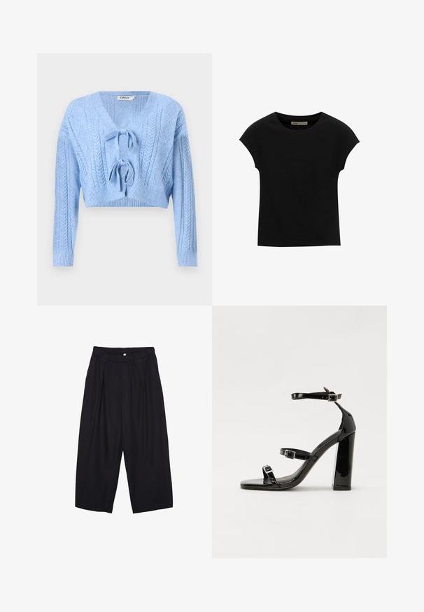 Sweater court bleu clair avec un motif en tricot torsadé, décolleté en V et fermeture à nouer à l'avant. Poignets et ourlet côtelés. Texture douce.; T-shirt noir à manches courtes en tissu doux, avec un col rond et une coupe décontractée, au toucher lisse et sans motifs.; Pantalon culotte noir en polyester avec une taille élastique, deux plis avant et une silhouette ample. Pas de motifs visibles ni de détails matériels.; Sandales à talons vernies noires avec un bout carré, des sangles autour de la cheville et des boucles en argent. Dotées d'un talon bloc épais pour plus de stabilité.