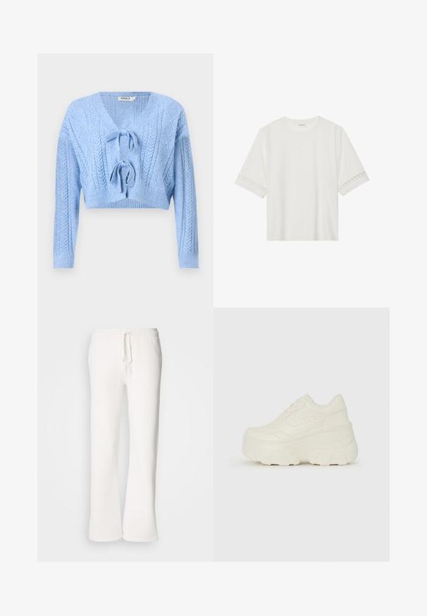 Light blue cropped sweater with cable knit pattern, V-neckline, and tie closure at the front. Ribbed cuffs and hem. Soft texture.; White short-sleeve t-shirt made from cotton, featuring decorative lace trim along the sleeves and a round neckline.; White, relaxed-fit sweatpants made of soft fabric, featuring an elastic waistband with a drawstring and straight-leg design.; White platform sneakers featuring a smooth leather-like upper, rounded shape, padded collar, and textured rubber sole with defined treads.
