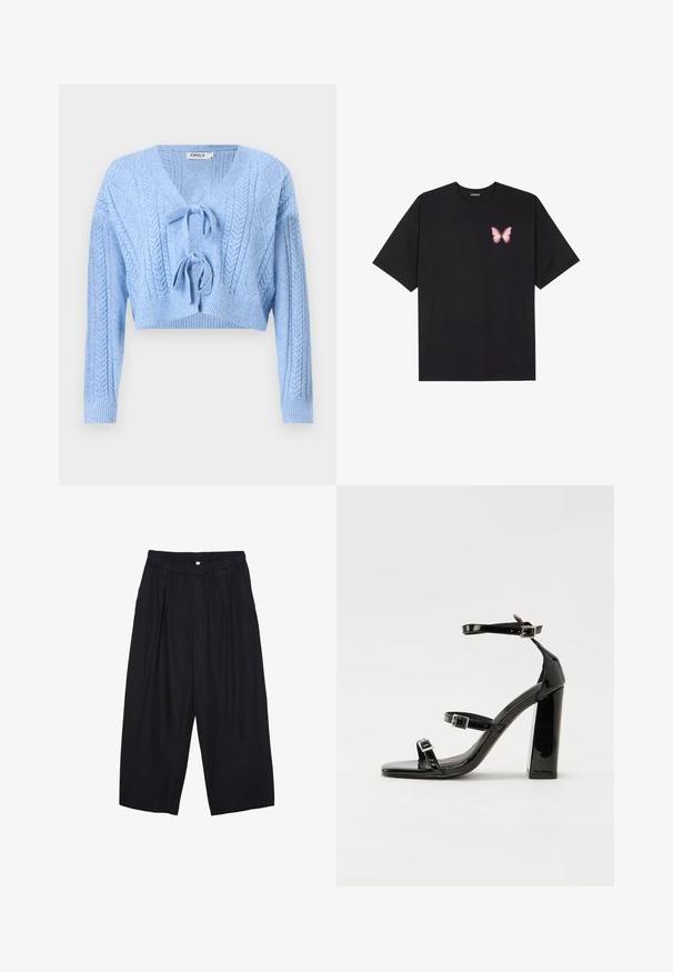 Sweater court bleu clair avec un motif en tricot torsadé, décolleté en V et fermeture à nouer à l'avant. Poignets et ourlet côtelés. Texture douce.; T-shirt en coton noir à manches courtes, avec un petit graphique de papillon rose sur la poitrine gauche. Modèle à col rond avec une coupe décontractée.; Pantalon culotte noir en polyester avec une taille élastique, deux plis avant et une silhouette ample. Pas de motifs visibles ni de détails matériels.; Sandales à talons vernies noires avec un bout carré, des sangles autour de la cheville et des boucles en argent. Dotées d'un talon bloc épais pour plus de stabilité.