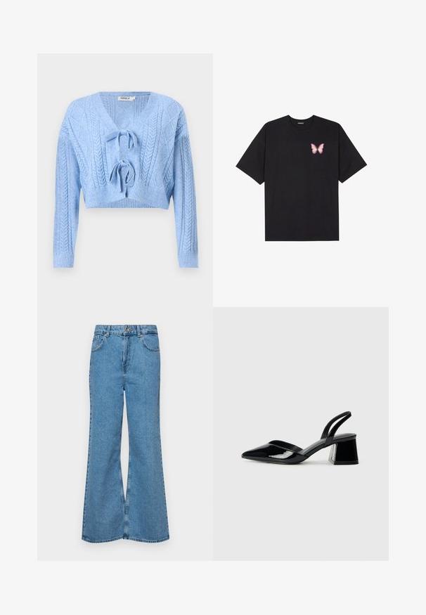 Maglione cropped azzurro chiaro con motivo a treccia, scollatura a V e chiusura a laccio davanti. Polsini e orlo a coste. Texture morbida.; T-shirt nera in cotone con maniche corte, caratterizzata da una piccola grafica di una farfalla rosa sul lato sinistro del petto. Design a girocollo con una vestibilità rilassata.; Jeans svasati di un blu chiaro, realizzati in denim, con vita alta, cinque tasche e chiusura a un bottone. Morbido al tatto con una finitura scolorita.; Décolleté in vernice nera con punta affusolata e tacco in geometria cubica. Presentano un design elegante e minimalista, con una texture liscia.