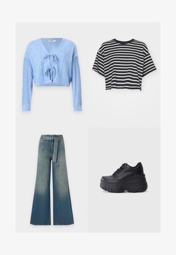 Pulover scurt de culoare albastru deschis, cu model cu tricotaj în cablu, decolteu în V și închidere cu cordon în față. Manșete și tiv ondulate. Textură moale.; Tricou scurt cu dungi în nuanțe de bleumarin și alb. Mâneci scurte, guler rotund, material moale cu dungi orizontale și o croială lejeră.; Pantaloni din denim largi, cu un gradient de la albastru deschis la albastru închis, talie înaltă, bucle pentru curea și o curea din același material. Finisaj texturat din denim.; Adidași negri cu șireturi, cu un toc gros, având partea superioară din piele netedă, vârf rotund și un design distinct de platformă stratificată.