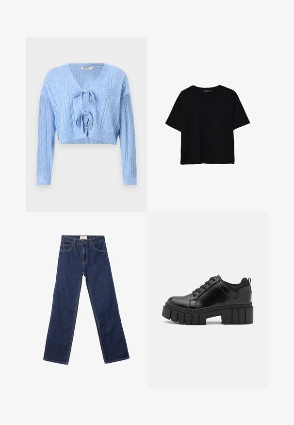 Vaaleansininen lyhyt villapaita, jossa on palmikkoneulekuvio, V-pääntie ja nauhakiinnitys edessä. Ribbaus hihansuissa ja helmassa. Pehmeä rakenne.; Mustat lyhyet hihavat t-paidat, jotka on valmistettu puuvillasta. Ominaisuuksiin kuuluu pyöreä kaula-aukko ja löysä istuvuus sekä sileä, yksinkertainen pinta. Ei näkyviä kuvioita tai koristeita.; Tummansiniset suorat farkut etutaskuilla, vyölenkeillä ja nappikiinnityksellä.; Mustat nahkakengät, joissa on lättihenkinen korko, pyöreä kärki ja perinteinen nauhakiinnitys. Ominaisuuksiin kuuluu sileä pintakuvio ja minimaalinen yksityiskohtaisuus.