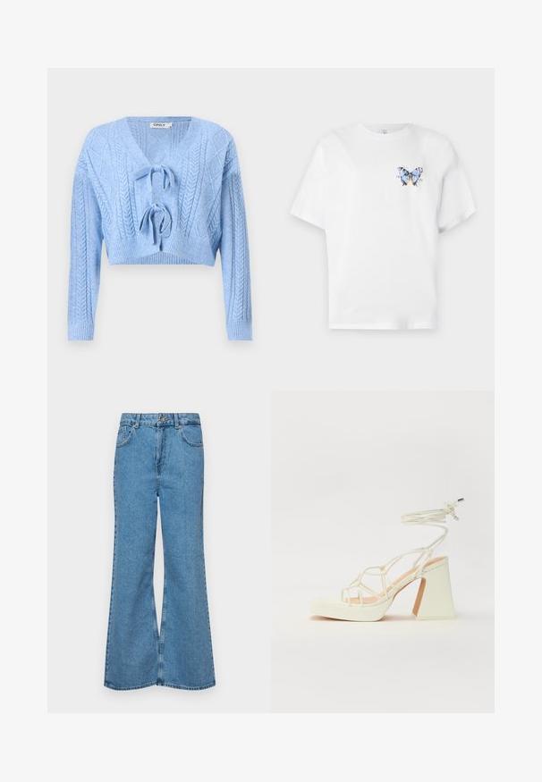 Lys blå, kort genser med kabelstrikkmønster, V-hals og knytelukking foran. Ribbestrikkede ermer og kant. Myk tekstur.; Hvit bomulls t-skjorte med et fargerikt sommerfugltrykk på venstre bryst. Korte ermer og en avslappet passform.; Lyseblå vide jeans laget av denim, med høyt liv, fem lommer og en enkelt knappelukking. Myk tekstur med falmet finish.; Hvit høyhælte sandal med kraftig hæl, med en stroppe-design og ankelbånd. Glatt tekstur med plattform foran for ekstra høyde.