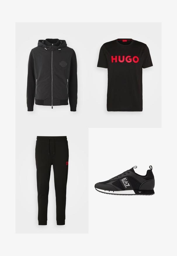 Casaco preto com fecho éclair à frente, capuz, punhos canelados e fechos de bolso. Apresenta um logótipo em patch texturizado no peito e mangas em malha suave.; T-shirt de algodão preto com o texto "HUGO" em vermelho intenso na parte da frente, mangas curtas, decote redondo e um corte relaxado.; Calças de treino pretas feitas de um tecido macio, com cintura elástica ajustável, ajuste slim e um emblema vermelho na coxa esquerda.; EA7 Emporio Armani Sapatilhas - black/white