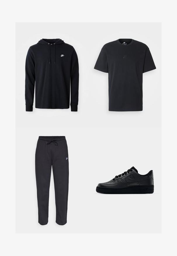 Manta de mangas longas da Nike, preta, com capuz ajustável e pequeno logótipo branco da Nike no lado esquerdo do peito, apresentada sobre um fundo branco simples.; T-shirt de algodão preto da Nike com um clássico decote redondo, mangas curtas e um logótipo em relevo discreto no peito. Textura suave.; Calças de treino pretas feitas de tecido suave, com faixa elástica na cintura, cordão regulador e um pequeno logótipo da Nike na coxa esquerda.; Sapatilha Nike Air Force 1 preta com parte superior em couro liso, bico perfurado para respirabilidade, atacadores pretos e sola de borracha texturizada.
