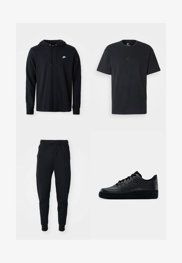 Manta de mangas longas da Nike, preta, com capuz ajustável e pequeno logótipo branco da Nike no lado esquerdo do peito, apresentada sobre um fundo branco simples.; T-shirt de algodão preto da Nike com um clássico decote redondo, mangas curtas e um logótipo em relevo discreto no peito. Textura suave.; Calças de jogging pretas feitas de tecido macio, com cintura elástica ajustável, pernas ajustadas e bolsos laterais com um design elegante.; Sapatilha Nike Air Force 1 preta com parte superior em couro liso, bico perfurado para respirabilidade, atacadores pretos e sola de borracha texturizada.
