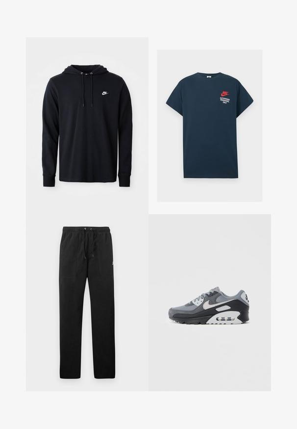 Melna garām piedurknēm Nike kapuce ar aukliņu un mazu baltu Nike logotipu kreisajā krūtī, attēlota uz vienkārša balta fona.; Tumši zila kokvilnas T-krekls ar īsām piedurknēm. Tam ir sarkans Nike logo un balts teksts "TIKAI PILNVAROTAS PERSONAS" uz kreisās krūtis.; Melnas sporta bikses, izgatavotas no flīsa, ar elastīgu jostasviedi un auklām, diviem priekšējiem kabatām un nelielu logo uz augšstilba.; Pelēki sporta apavi ar acs un zamšāda materiālu kombināciju, melnu zolīti un redzamu gaisa spilventiņu. Izceltas gaiši pelēkas detaļas un auklas.