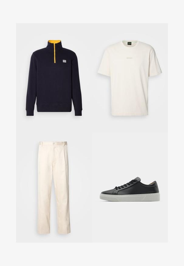 Mornarski pulover napravljen od mekog materijala, sa visokim ovratnikom, žutim zipom i malim logotipom na prsima. Rebrasti manžeti i rub.; BOSS TEE - Osnovna majica kratkih rukava - open white; Bežaste pamučne hlače ravnog kroja s kopčanjem na dugme i plisiranjima sprijeda za dodatni detalj.; Crne kožne tenisice s glatkom teksturom, okruglim vrhom i crnim čipkastim vezicama. Imaju debeo bijeli gumeni potplat s suptilnim geometrijskim naglascima.