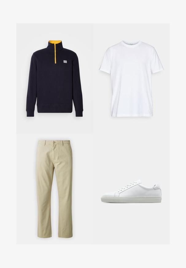 Sudadera azul marino fabricada en una tela suave, con un cuello alto, cremallera amarilla y un pequeño parche con logo en el pecho. Puños y bajo de canalé.; Camiseta blanca de algodón con mangas cortas, cuello redondo y un corte relajado. Presenta un diseño minimalista, sin patrones ni acentos.; Pantalones de algodón beige con un diseño de pierna recta, cierre frontal con botón y presillas para cinturón. Textura suave, sin patrones ni acentos visibles.; Zapatilla blanca con parte superior de cuero liso y perfil bajo. Presenta una puntera redondeada, seis ojales y una suela de goma texturizada.