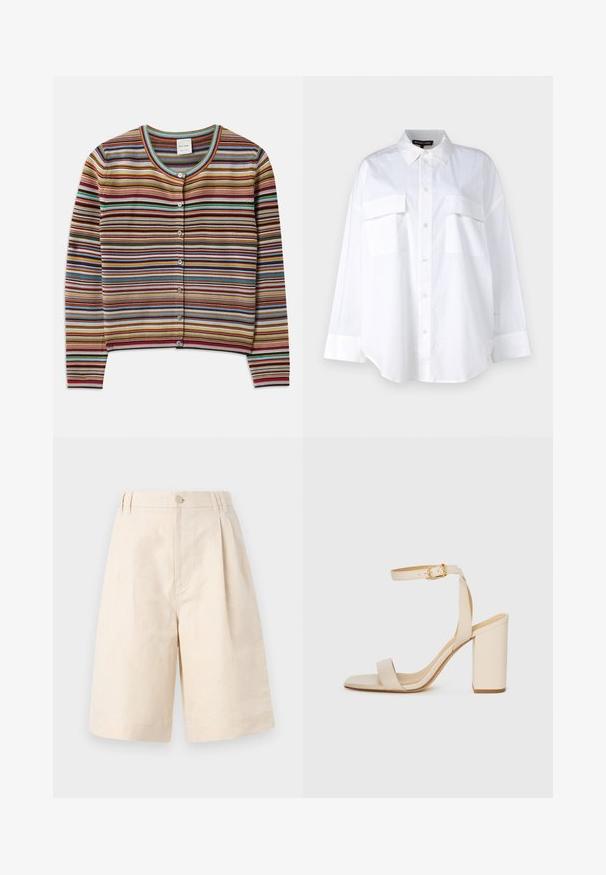 Cárdigan a rayas con cuello redondo, que presenta rayas horizontales multicolores en rojo, marrón, azul verdoso y amarillo, y cinco botones en la parte delantera.; Camisa blanca de botones de algodón, con cuello clásico, dos bolsillos en el pecho y mangas largas con puños. Textura suave.; Pantalones cortos de lino beige con un ajuste relajado, que presentan un cierre de botón, diseño plisado y corte hasta la rodilla. Textura suave y estilo simple.; Sandalia de tacón alto beige con punta cuadrada, tira delgada en el tobillo y tacón ancho. Textura de cuero suave con un detalle de hebilla dorada.