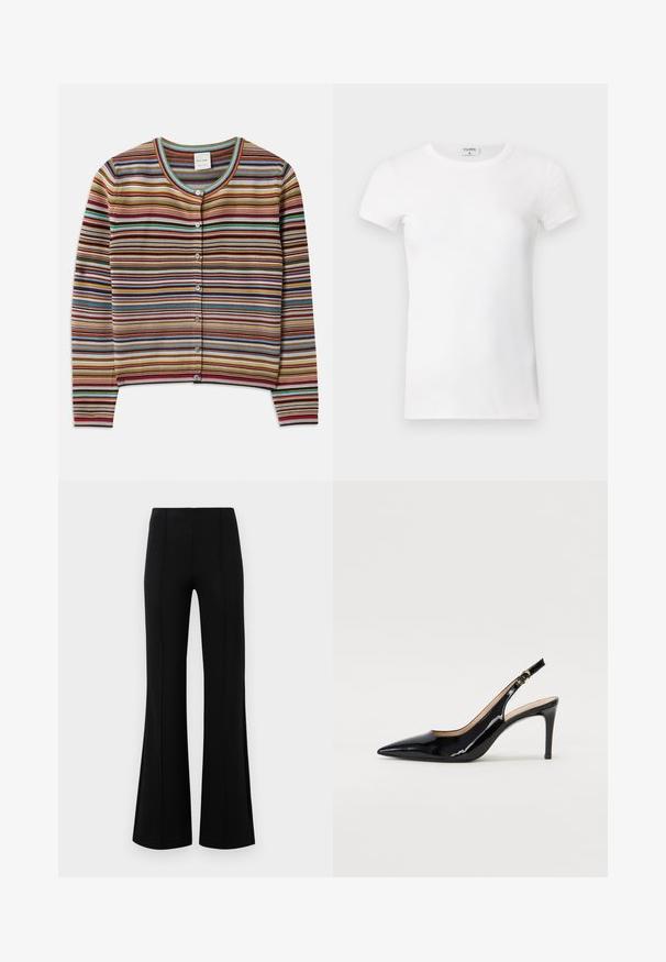 Cardigan rayé avec un col rond, présentant des rayures horizontales multicolores en rouge, brun, bleu-vert et jaune, et cinq boutons à l'avant.; T-shirt à manches courtes blanc côtelé avec un col rond. Le tissu semble lisse avec une silhouette ajustée. Étiquette de marque visible au niveau du col.; Pantalons évasés noirs avec une taille haute, fabriqués en tissu extensible. Présente des détails de couture verticaux sur le devant et une texture lisse.; Pompe slingback en cuir verni noir avec un bout pointu, un talon fin et un design de découpes subtil. Elle dispose d'une boucle dorée sur la sangle.