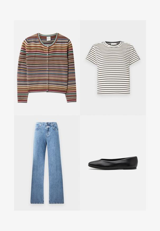 Striped cardigan with a round neck, featuring multicolored horizontal stripes in red, brown, teal, and yellow, and five front buttons.; Cotton short-sleeve T-shirt with a crew neckline, featuring black vertical stripes on a white background and a straight cut design.; Light blue denim jeans with a wide-leg design, five pockets, belt loops, and a button closure. The fabric has a smooth texture.; Paul Smith TOPANGA - Ballet pumps - black