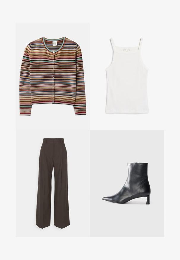 Striped cardigan with a round neck, featuring multicolored horizontal stripes in red, brown, teal, and yellow, and five front buttons.; White tank top with thin straps, made of ribbed cotton fabric, featuring a straight neckline and a clean finish at the hem.; Dark brown wide-leg trousers with a high waist, featuring neatly pressed creases, smooth texture, and a tailored fit.; Black leather ankle boot with a pointed toe and a sleek design. Features a low heel and a zipper closure at the back. Smooth texture.