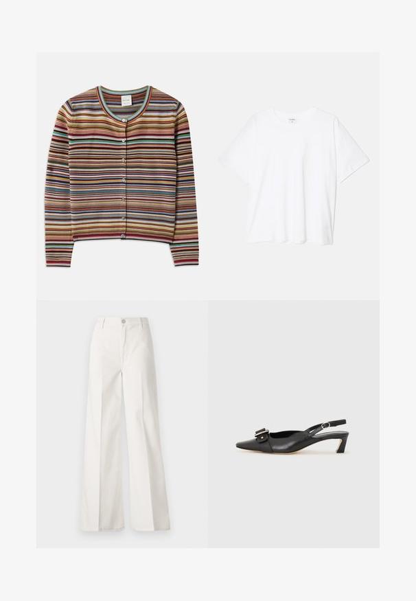Gestreifter Cardigan mit Rundhalsausschnitt, der mehrfarbige horizontale Streifen in Rot, Braun, Teal und Gelb aufweist, sowie fünf vordere Knöpfe.; Weißes Baumwoll-T-Shirt mit kurzen Ärmeln, runder Halslinie, lockerer Passform und genähtem Saum. Etikett sichtbar am inneren Kragen.; Weiße weite Hosen aus Baumwolle mit glatter Textur. Sie verfügen über einen vorderen Knopf, einen Reißverschluss und ein Design mit vier Taschen.; Schwarzer Leder Slingback-Schuh mit spitzer Zehenform, kleinem Absatz und dekorativem Schnallen-Detail auf dem Obermaterial. Glatte Textur, minimalistisches Design.