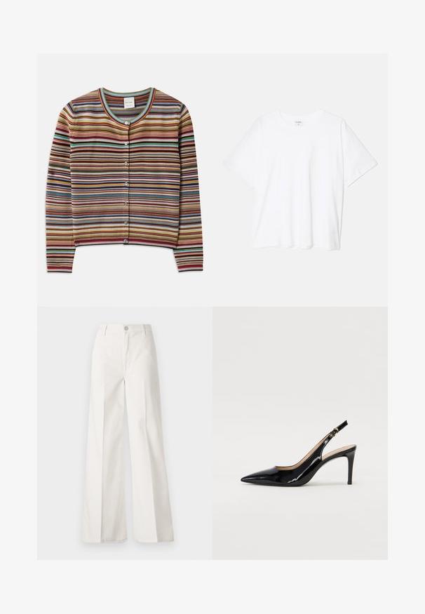 Striped cardigan with a round neck, featuring multicolored horizontal stripes in red, brown, teal, and yellow, and five front buttons.; White cotton t-shirt with short sleeves, round neckline, relaxed fit, and stitched hem. Label visible on the inside neck.; White wide-leg trousers made from cotton with a smooth texture. Features a front button, zipper fly, and four-pocket design.; Black patent leather slingback pump with pointed toe, slim heel, and a subtle cutout design. Features a gold buckle on the strap.
