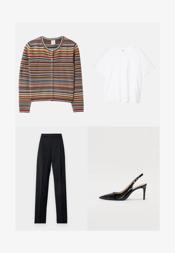 Cárdigan a rayas con cuello redondo, que presenta rayas horizontales multicolores en rojo, marrón, azul verdoso y amarillo, y cinco botones en la parte delantera.; Camiseta de algodón blanca con mangas cortas, escote redondo, corte relajado y dobladillo cosido. Etiqueta visible en el interior del cuello.; Pantalones negros de tela suave con cintura alta, piernas amplias, pliegues frontales y lazos de cinturón clásicos. No hay bolsillos laterales visibles.; Zapatos de charol negro con tirante al tobillo, punta afilada, tacón delgado y un diseño de corte sutil. Presenta una hebilla dorada en la correa.