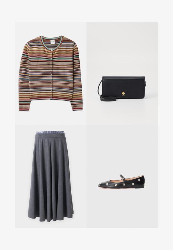 Rāvējslēdzēja vestīte ar apaļu kaklu, kas rotāta ar daudzkrāsainām horizontālām svītrām sarkanā, brūnā, zilganzaļā un dzeltenā krāsā, un pieciem priekšējiem pogām.; Pelēka ribota topa krekls ar apaļu dekoltē un platām plecu siksnām. Tam ir maiga tekstūra un pieguļošs dizains. Redzama zīmola etiķete.; Augstas jostas, tumši pelēkas, platajās kājās bikses ar smalku svītrainu rakstu un zili-balto svītraino jostu, izliktas karājamies uz balta fona.; Melna ādas Mary Jane līdzena zābaku ar noapaļotu purngalu, kurā ir sudraba apaļie kniedes un regulējama siksniņa ar sprādzi.; Melnas ādas maks ar plānu taisnstūra formu, kas rotāta ar zelta logotipu. Iekļauj noņemamu siksnu ērtai nēsāšanai.