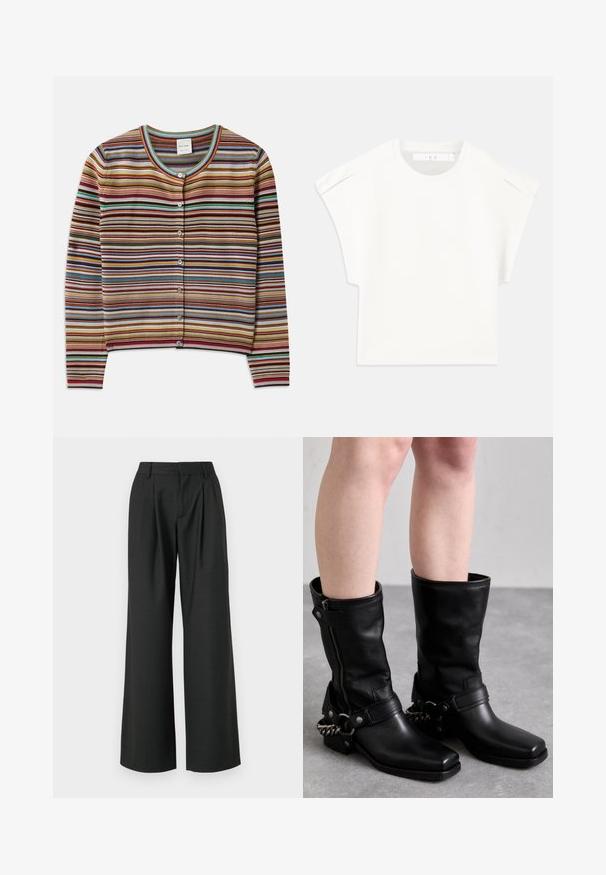 Streepjessweater met een ronde hals, voorzien van multikleurige horizontale strepen in rood, bruin, teal en geel, en vijf knopen aan de voorkant.; Witte boxy t-shirt met korte mouwen. Gemaakt van soepel materiaal, met een ronde halslijn en subtiele schouderaccenten. Eenvoudig ontwerp.; Won Hundred CAMILLE TROUSERS - Broek - licorice; Zwarte leren laarzen tot de knie met een vierkante neus, zijrits en verstelbare band met een metalen kettingaccent. Matte afwerking en stevige zool.