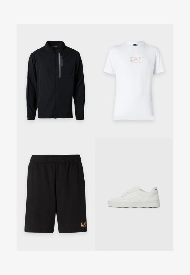 Svart lett jakke med glidelås foran, krage, elastiske mansjetter og en brystlomme med reflekterende detaljer. Glatt tekstur og avslappet design.; Hvit bomulls t-skjorte med rund hals og korte ermer, med en gullfarget EA7 Emporio Armani-logo trykket på fronten.; Sorte treningsshorts laget av mykt stoff, med elastisk midje og en liten gul EA7-logo nederst på venstre ben.; Hvite lærersneakers med en jevn overflate, rund tå, flate lisser og en teksturert såle. Har en subtil logo på hælen.