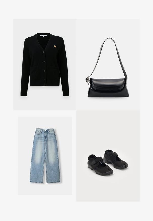 Black cardigan made of soft material, featuring a v-neck, button front, two front pockets, and a small embroidered fox detail on the chest.; Light gray ribbed tank top with a round neckline and no sleeves. Features a fitted design and subtle logo near the center. Soft texture.; Light blue denim wide-leg jeans with a high waist, featuring a faded finish, five pockets, and a straight cut.; Black water shoes made of flexible fabric with a Velcro strap, featuring a unique split-toe design and textured rubber sole for grip.; Black leather handbag with a structured shape, a smooth texture, and a single shoulder strap. Features a subtle, rounded flap design.