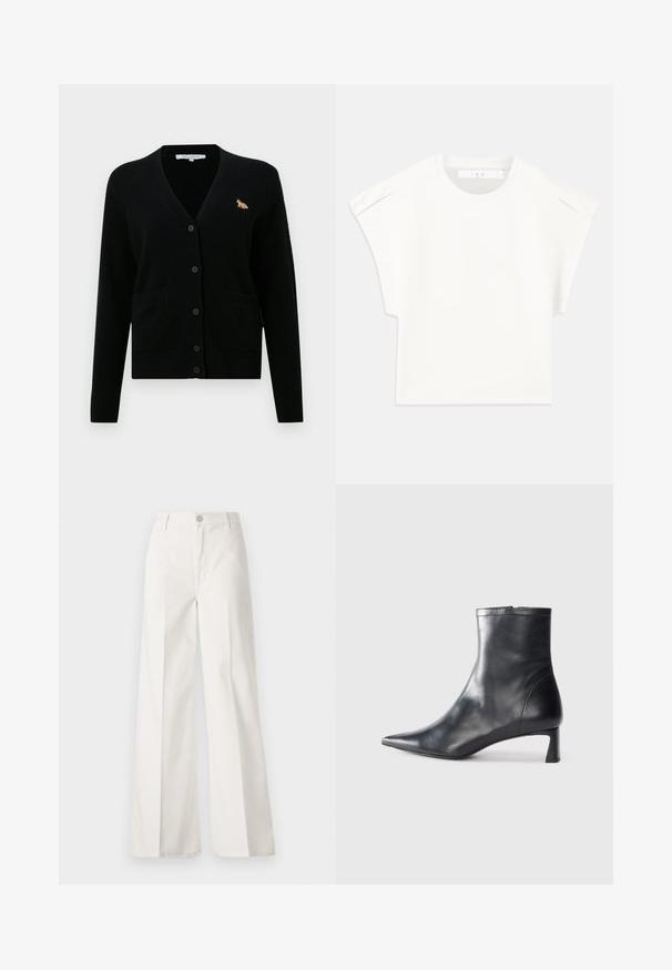 Cárdigan negro hecho de material suave, con escote en pico, cierre de botones, dos bolsillos frontales y un pequeño detalle de zorro bordado en el pecho.; Camiseta blanca de corte cuadrado con mangas cortas. Fabricada con un tejido suave, presenta un escote redondo y sutiles acentos en los hombros. Diseño sencillo.; Pantalones de pierna ancha blancos hechos de algodón con una textura suave. Cuenta con un botón delantero, cremallera y un diseño de cuatro bolsillos.; Botín de cuero negro hasta el tobillo con punta afilada y un diseño elegante. Presenta un tacón bajo y un cierre con cremallera en la parte trasera. Textura suave.