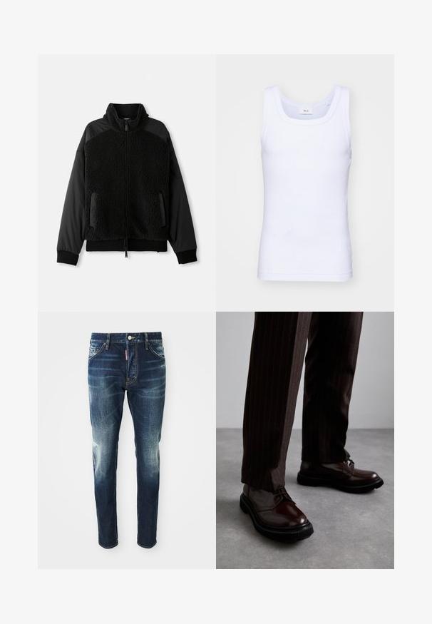 Schwarze Jacke mit durchgehendem Reißverschluss, die einen flauschigen Stoff am Körper und glattes Material an den Ärmeln aufweist, mit seitlichen Taschen und einem Kragen.; Weißes Baumwoll-Top ohne Ärmel mit rundem Ausschnitt, ausgestattet mit einer glatten Textur und einer figurbetonten Form, ideal für die Freizeit.; Dunkelblaue Jeans im Slim-Fit-Schnitt, mit verwaschenen Stellen an den Oberschenkeln und Knien, fünf Taschen und einem Metallknopfverschluss.; Braune Leder Schnürschuhe mit glänzender Oberfläche, schwarzer Gummisohle und dezenten Nähten. Getragen mit braunen Angabenhosen mit Nadelstreifen.