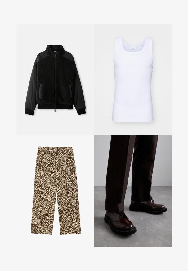 Black jacket with a zippered front, featuring fuzzy texture on the body and smooth fabric on the sleeves, with side pockets and a collar.; White cotton sleeveless tank top with a round neckline, featuring a smooth texture and a fitting shape, designed for casual wear.; YOURTURN UNISEX - Relaxed fit jeans - beige/black; Brown leather lace-up shoes with a glossy finish, black rubber sole, and subtle stitching. Worn with pinstriped brown trousers.