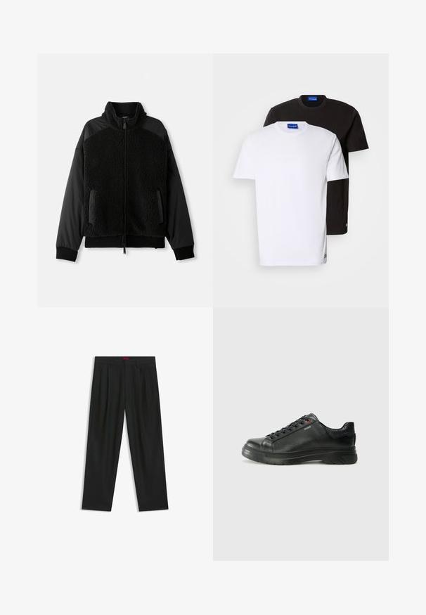 Schwarze Jacke mit durchgehendem Reißverschluss, die einen flauschigen Stoff am Körper und glattes Material an den Ärmeln aufweist, mit seitlichen Taschen und einem Kragen.; Zwei übereinander gestapelte T-Shirts: eines weiß und eines schwarz. Kurze Ärmel, runde Ausschnitte, aus Baumwollstoff. Mit einem kleinen blauen Logo am Ausschnitt.; Schwarze Hose mit einem gefältelten Design, weiter Beinform und glatter Textur. Verfügt über ein rotes Taillenlabel.; Schwarze Leder-Sneaker mit strukturiertem Obermaterial, gepolstertem Kragen und rotem Logo-Detail. Verfügt über eine dicke Gummisohle mit markantem Profil.